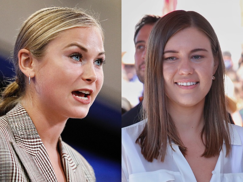 A composite image of Grace Tame on the left, and Brittany Higgins on the right
